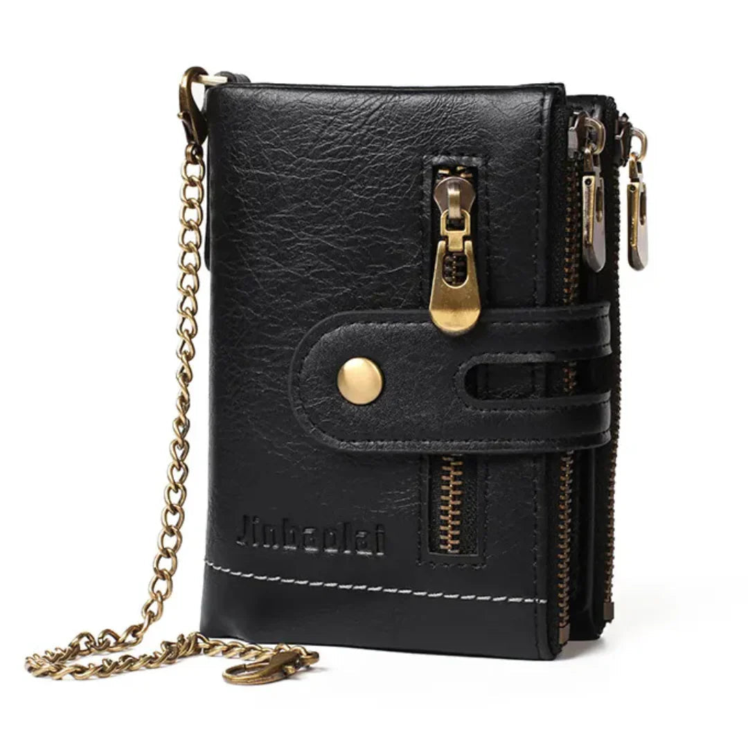 Retro-Lederbrieftasche mit Kette – 13 Kartenfächer & Doppelreißverschluss Zorenza