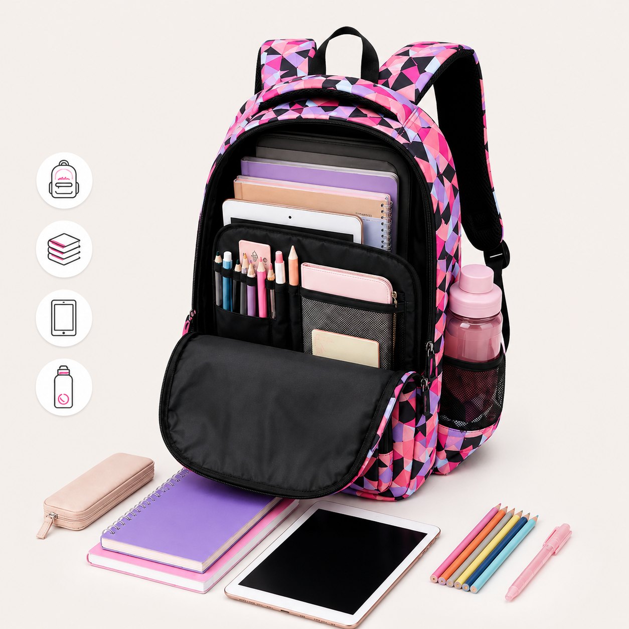 Schulrucksack-Set 3-teilig mit geometrischem Muster -    Zorenza