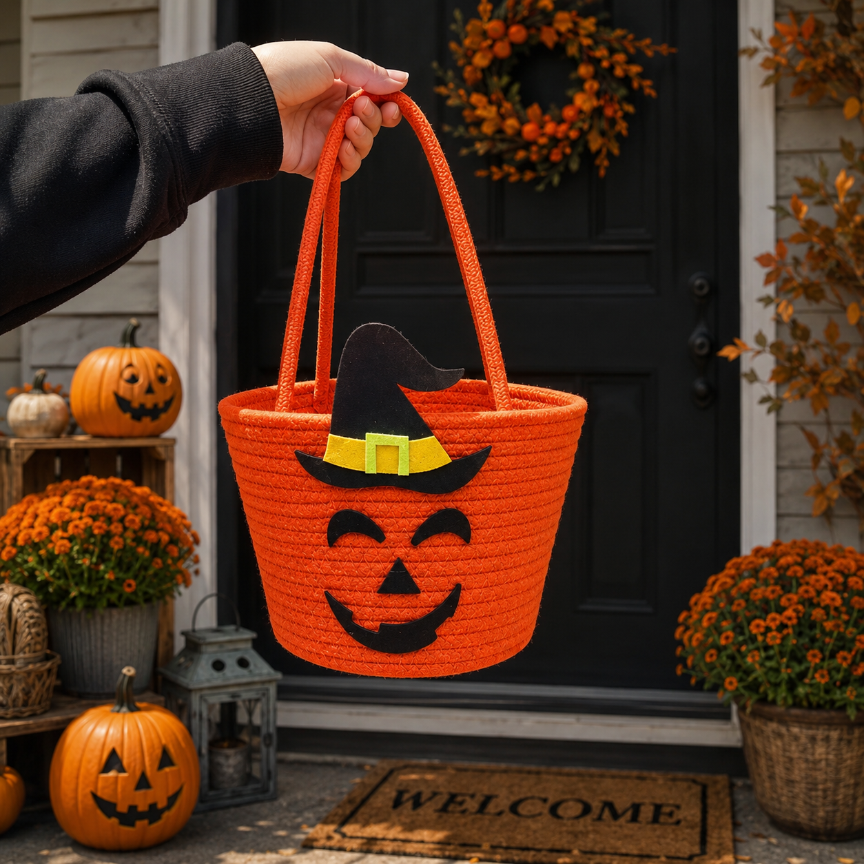 Halloween-Korb Zauberhut-Motiv – Geräumig mit robusten Griffen -    Zorenza