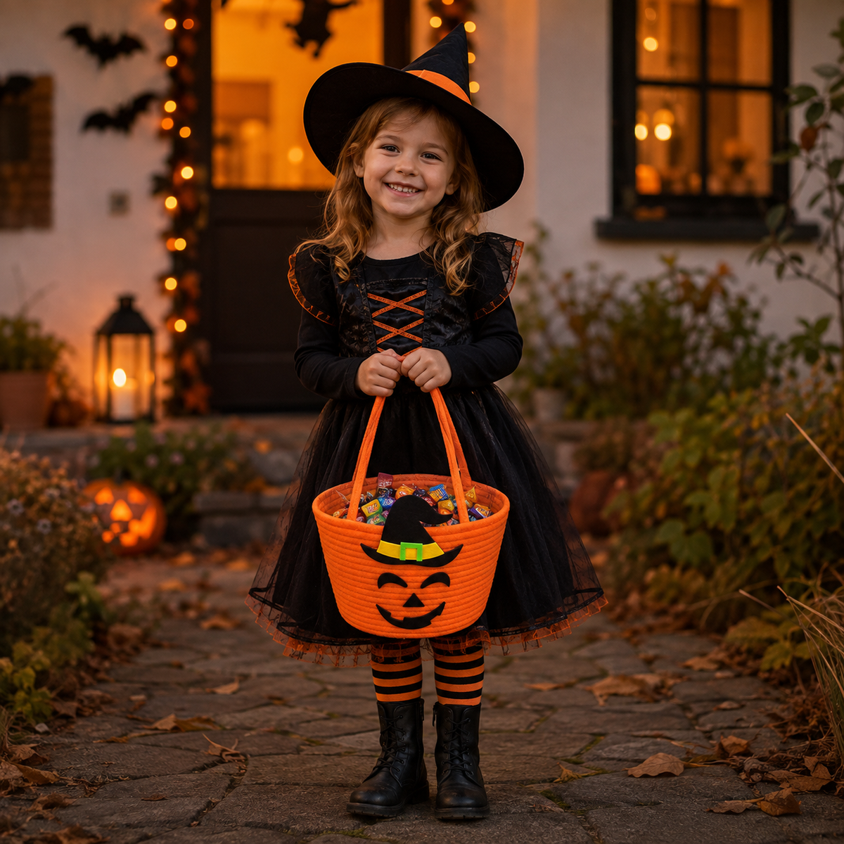 Halloween-Korb Baumwolle Zauberhut-Motiv – Geräumig mit robusten Griffen für Eingang und Deko – Zorenza