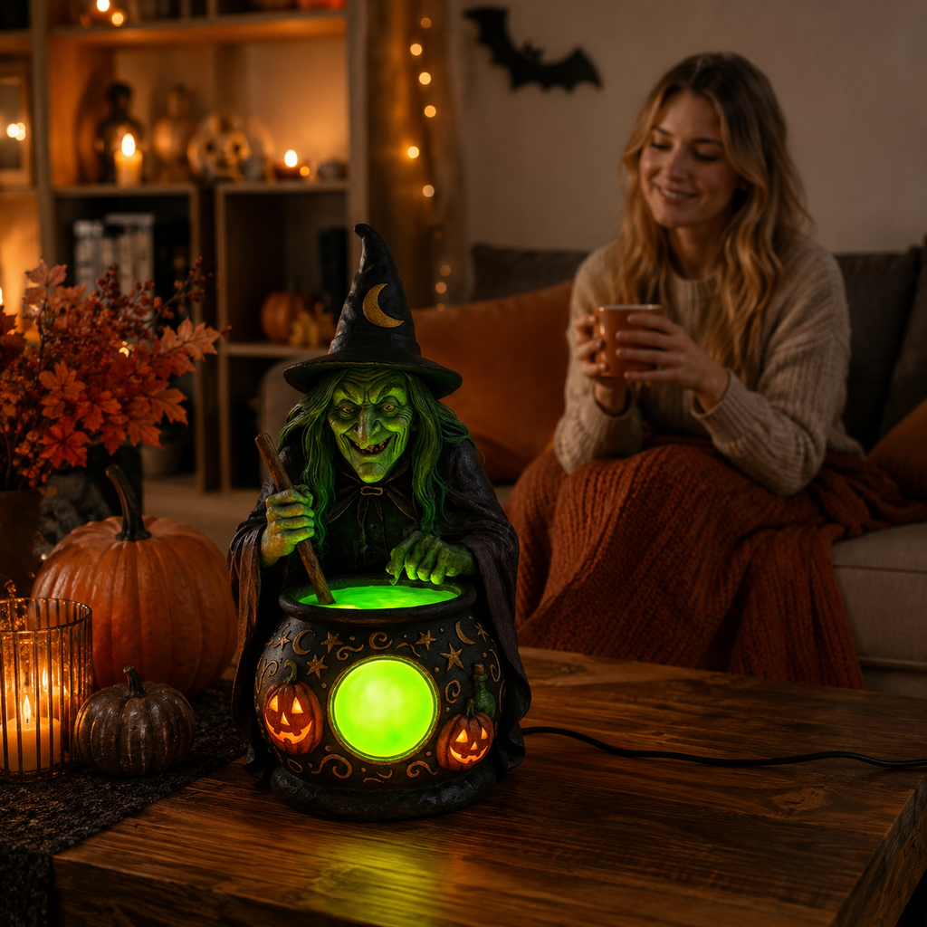 Hexen-Kessel Tischlampe Harz mit Neon-Grüner LED -    Zorenza