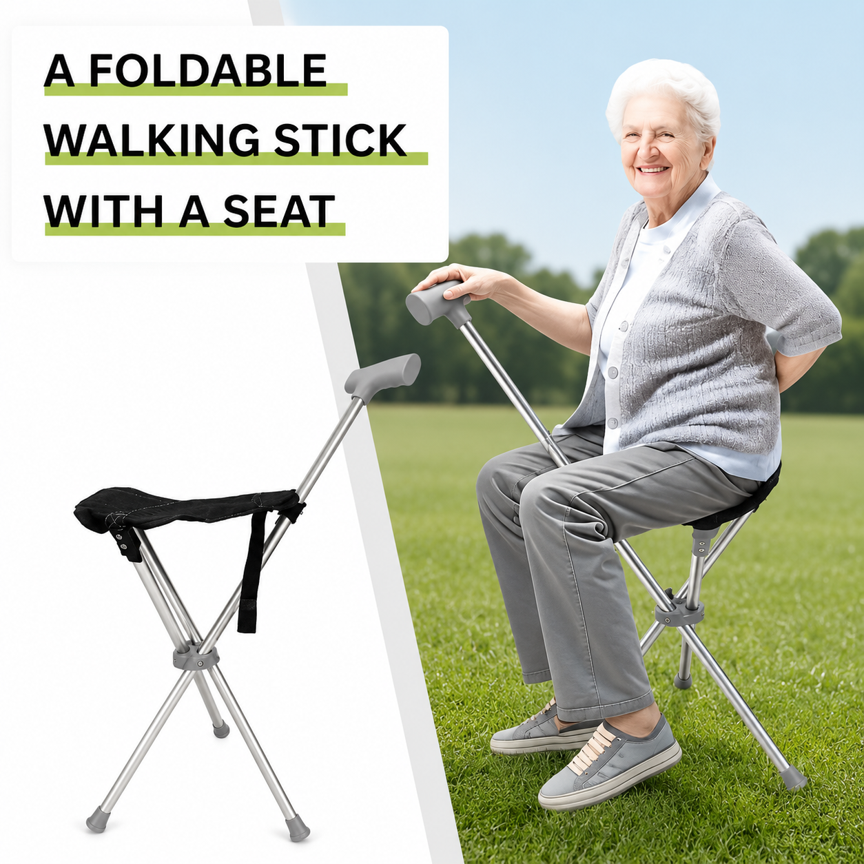 Gehstock mit Sitzfunktion – 2-in-1 faltbar aus Edelstahl -    Zorenza