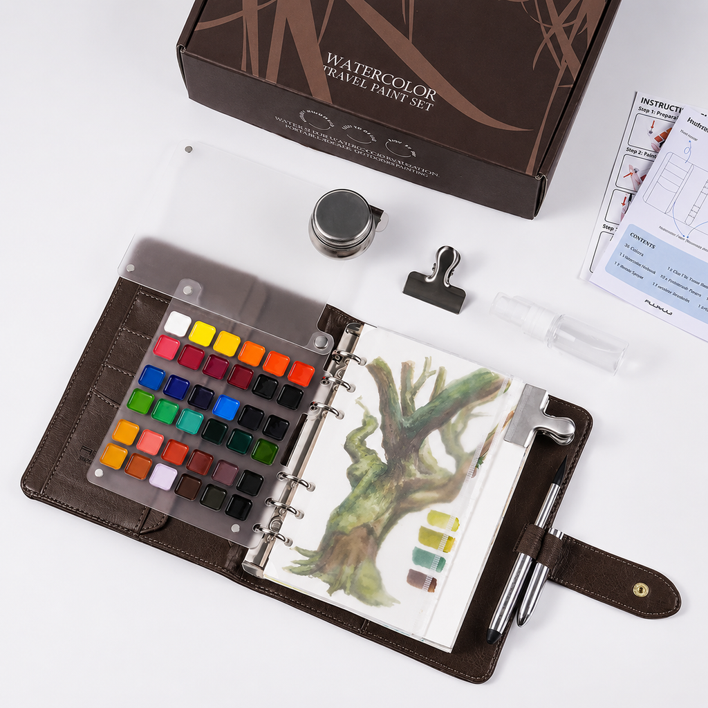 Aquarell-Reiseskizzenbuch mit Pinsel und Farbschale -    Zorenza
