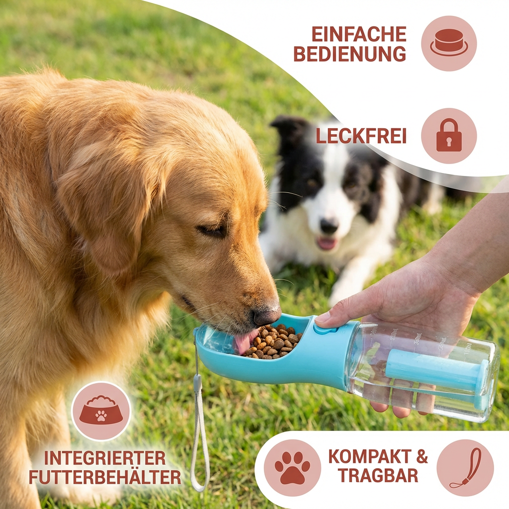 3-in-1 Hunde-Trinkflasche mit Futterbehälter und Beutelspender -    Zorenza