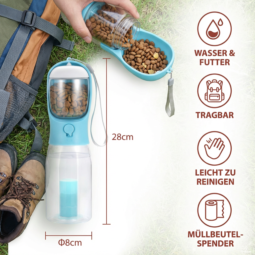 3-in-1 Hunde-Trinkflasche mit Futterbehälter und Beutelspender -    Zorenza