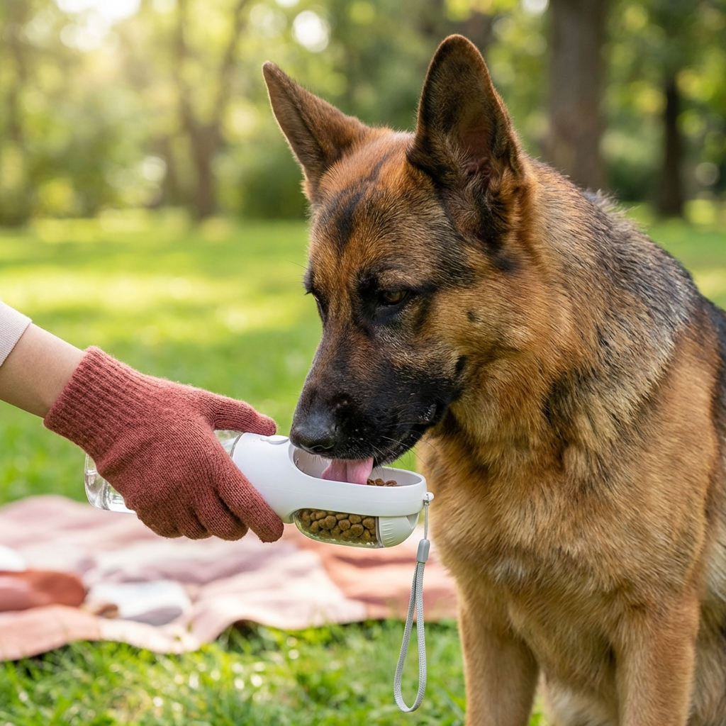 3-in-1 Hunde-Trinkflasche mit Futterbehälter und Beutelspender -    Zorenza