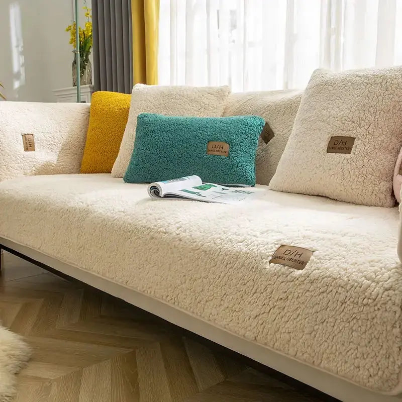Modern Solid Color Winter Lamb Wool Sofa Towel Thicken Plush Soft and Smooth Sofa Covers for Living Room Anti-slip Couch Cover - Lozenza