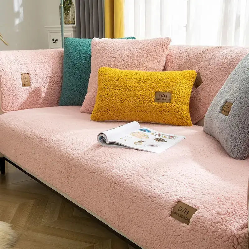 Modern Solid Color Winter Lamb Wool Sofa Towel Thicken Plush Soft and Smooth Sofa Covers for Living Room Anti-slip Couch Cover - Lozenza