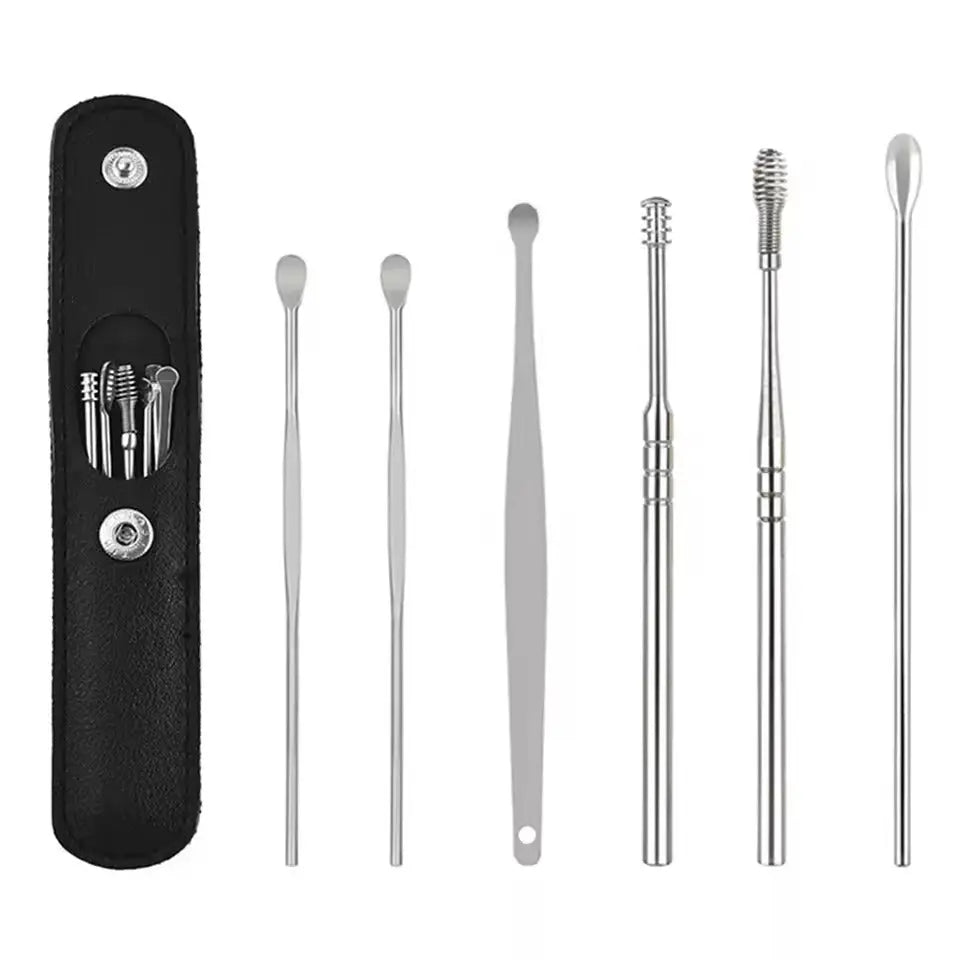 Ohrenreinigungs-Set mit 6 Edelstahlwerkzeugen und Lederetui Zorenza