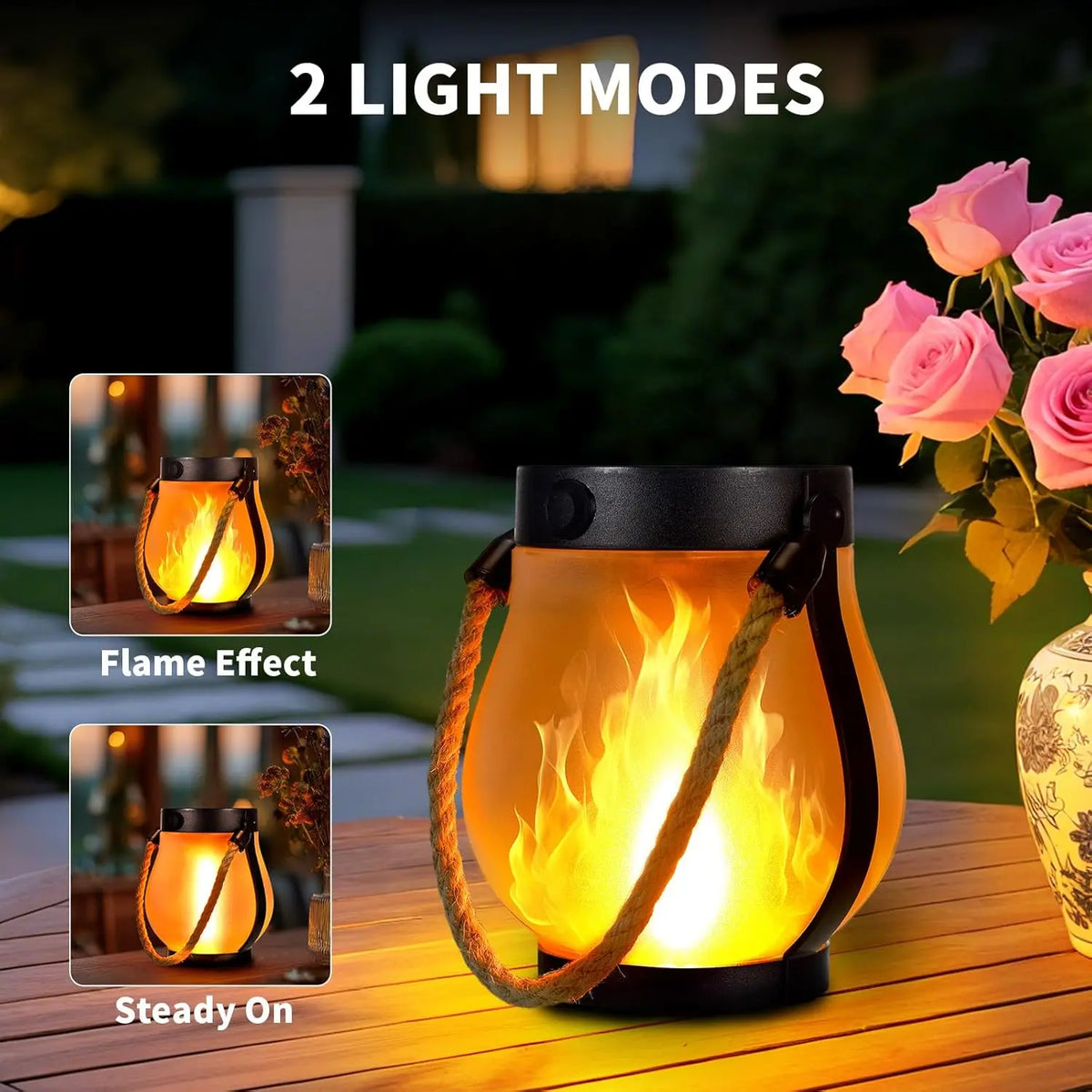Solar Flame Lantern – Flickering LED Light, Weatherproof, USB Backup