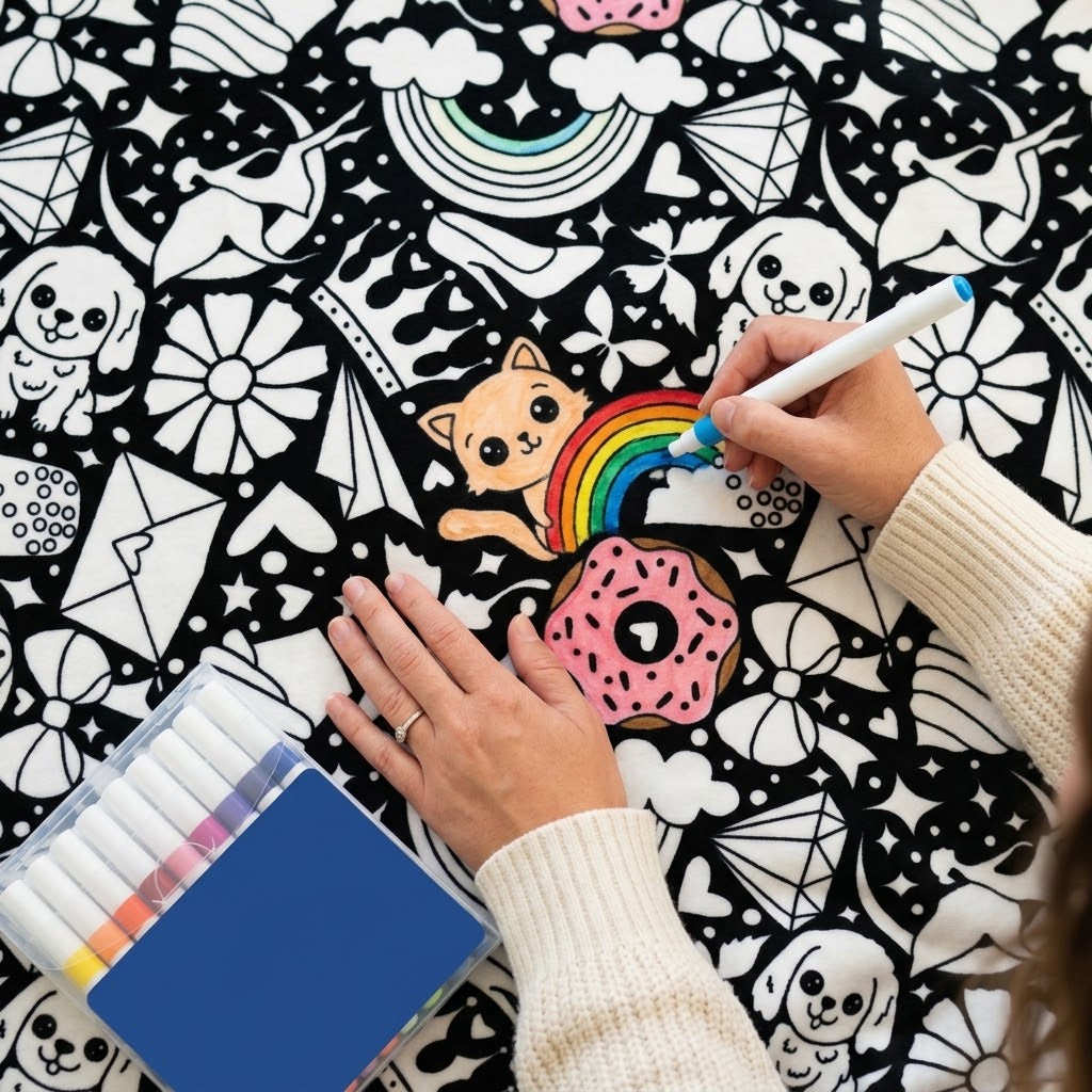 Kuscheldecke zum Ausmalen aus Flanell inkl. 24 Acrylmarker – ca. 130 × 150 cm, 5 Motive -    Zorenza