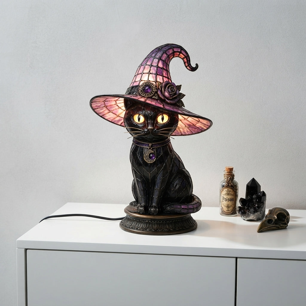 Tischlampe Hexenkatze Buntglas-Look 25 cm -    Zorenza