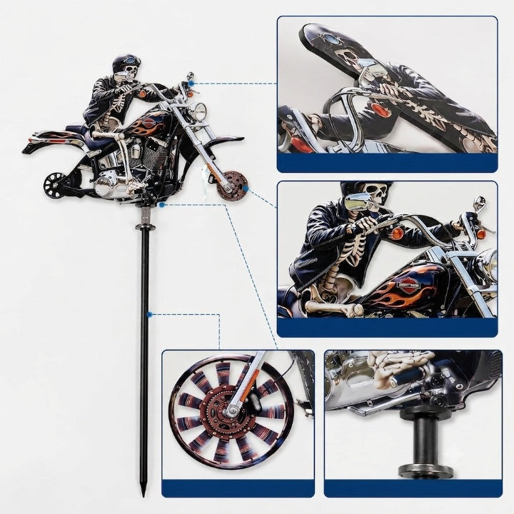 Motorrad-Windrad mit Skelett-Fahrer für Garten -    Zorenza