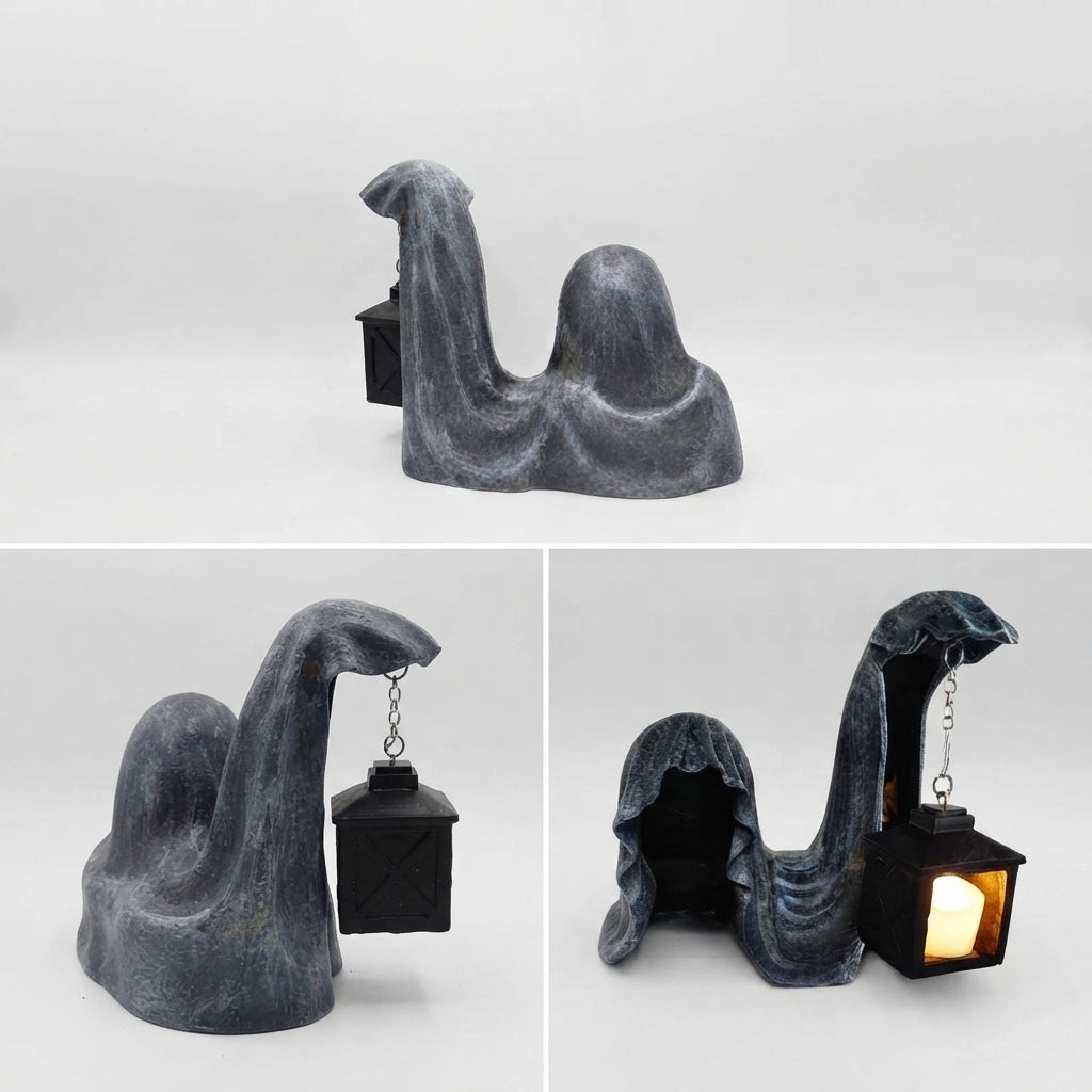 Geisterfigur mit Laterne Grau – Leuchtendes Halloween-Deko -    Zorenza