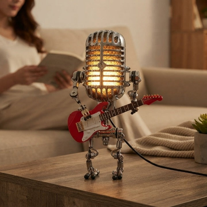 Vintage Mikrofon-Tischlampe mit Gitarre – Retro Musikerlampe -    Zorenza