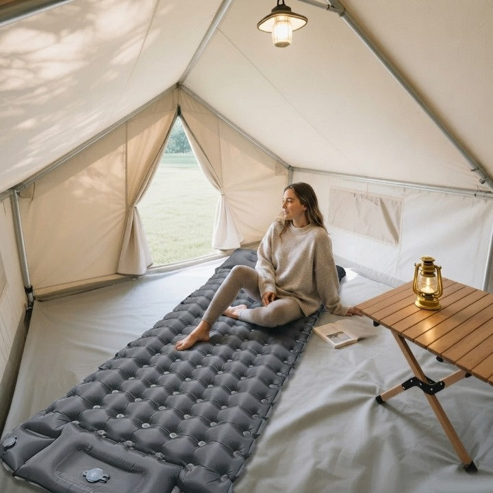 Aufblasbare Campingmatte mit Kopfkissen – 10 cm dick, mit Fußpumpe -    Zorenza