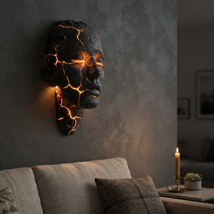 Wandleuchte Gesichts-Skulptur mit LED-beleuchteten Rissen -    Zorenza