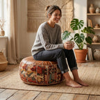 Kilim-Patchwork Sitzhocker mit Stauraum – Boho Pouf aus Kunstleder -    Zorenza