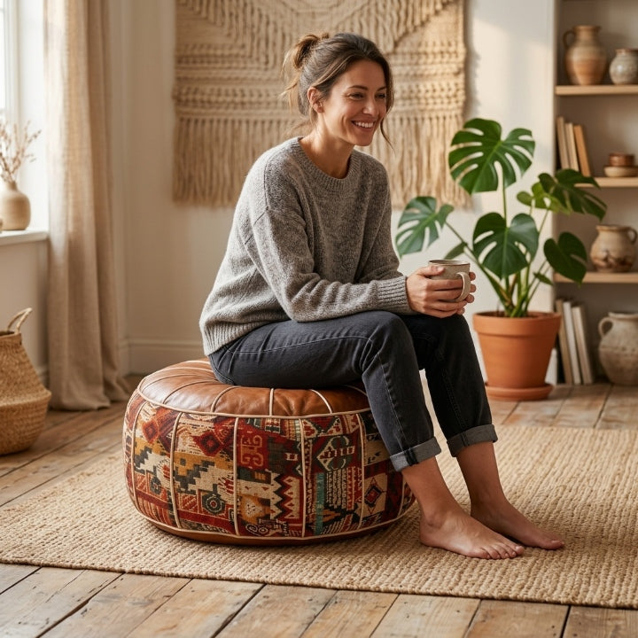 Kilim-Patchwork Sitzhocker mit Stauraum – Boho Pouf aus Kunstleder -    Zorenza
