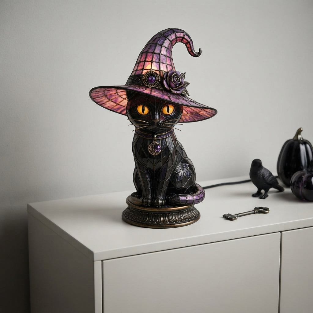 Tischlampe Hexenkatze Buntglas-Look 25 cm -    Zorenza