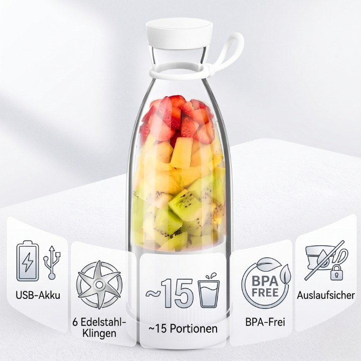 Kabelloser Smoothie-Mixer to go – USB-Akku, 6 Edelstahl-Klingen, BPA-frei -    Zorenza