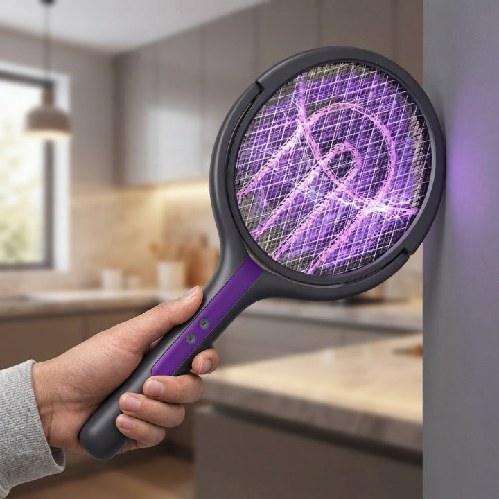 Elektrische Fliegenklatsche mit drehbarem Kopf, USB-wiederaufladbar, 5-lagiges Sicherheitsnetz -    Zorenza