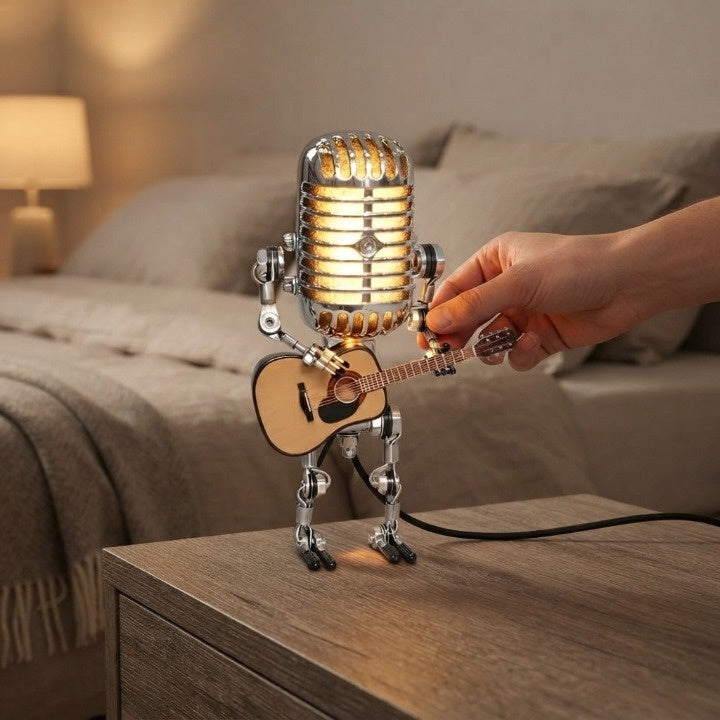 Vintage Mikrofon-Tischlampe mit Gitarre – Retro Musikerlampe -    Zorenza