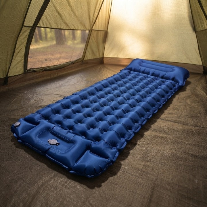Aufblasbare Campingmatte mit Kopfkissen – 10 cm dick, mit Fußpumpe -    Zorenza