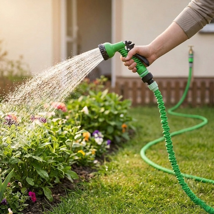 3-fach dehnbarer Gartenschlauch 7,5–60 m mit 7-Funktions-Sprühpistole -    Zorenza