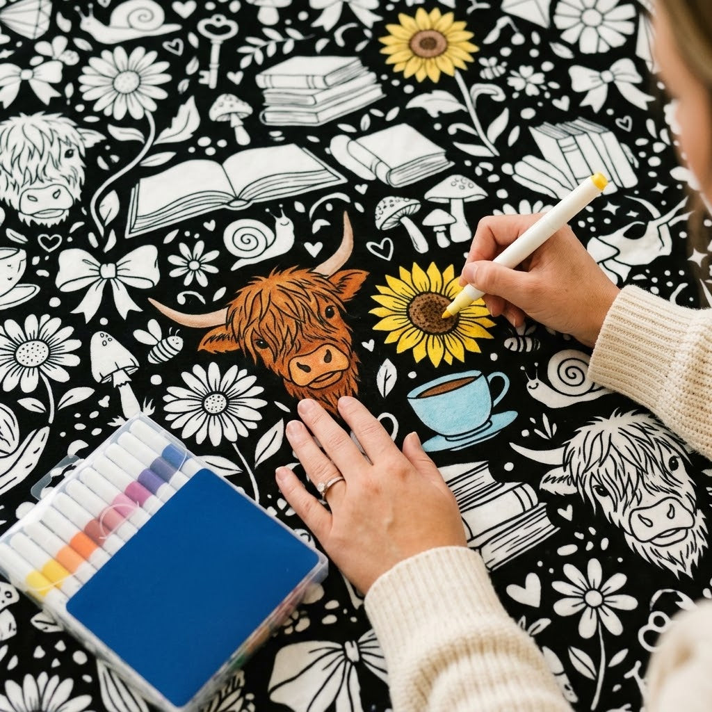 Kuscheldecke zum Ausmalen aus Flanell inkl. 24 Acrylmarker – ca. 130 × 150 cm, 5 Motive -    Zorenza