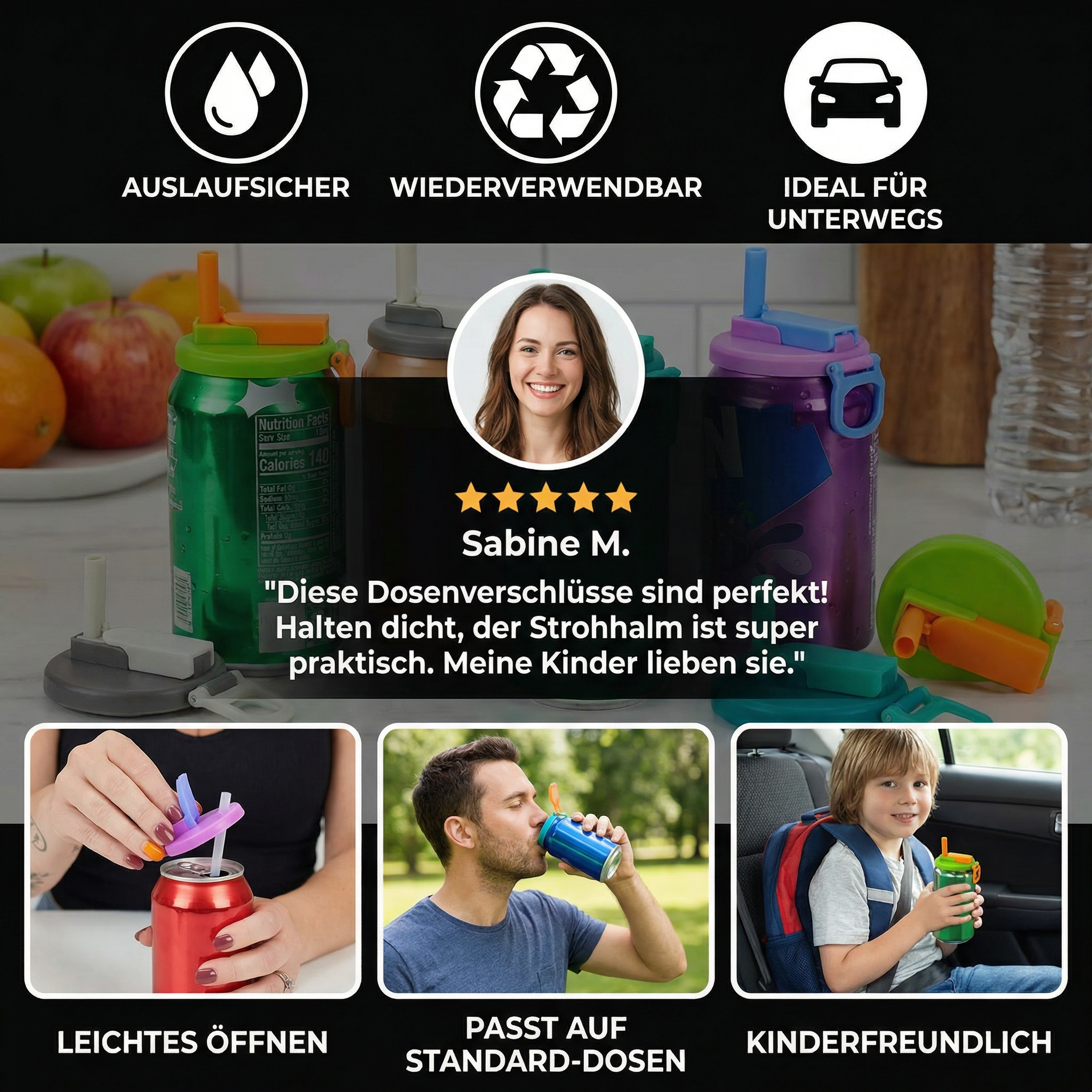 Silikon-Dosenverschluss mit Strohhalm – wiederverwendbar -    Zorenza