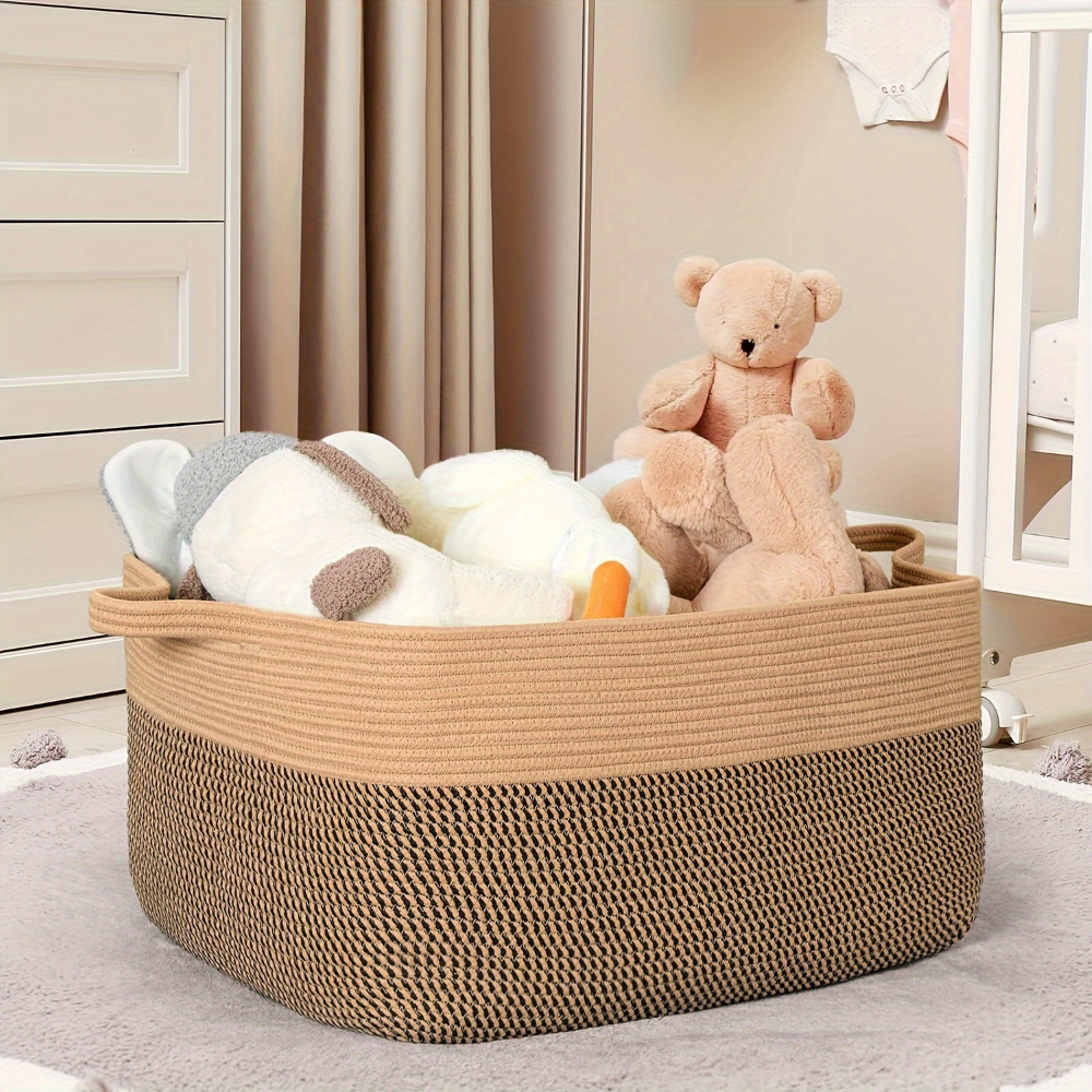 decken aufbewahrung korb Textil-Aufbewahrungskorb 45L – Rechteckiger Decken- & Wäsche-Organizer | Baumwollseil | Verstärkte Griffe