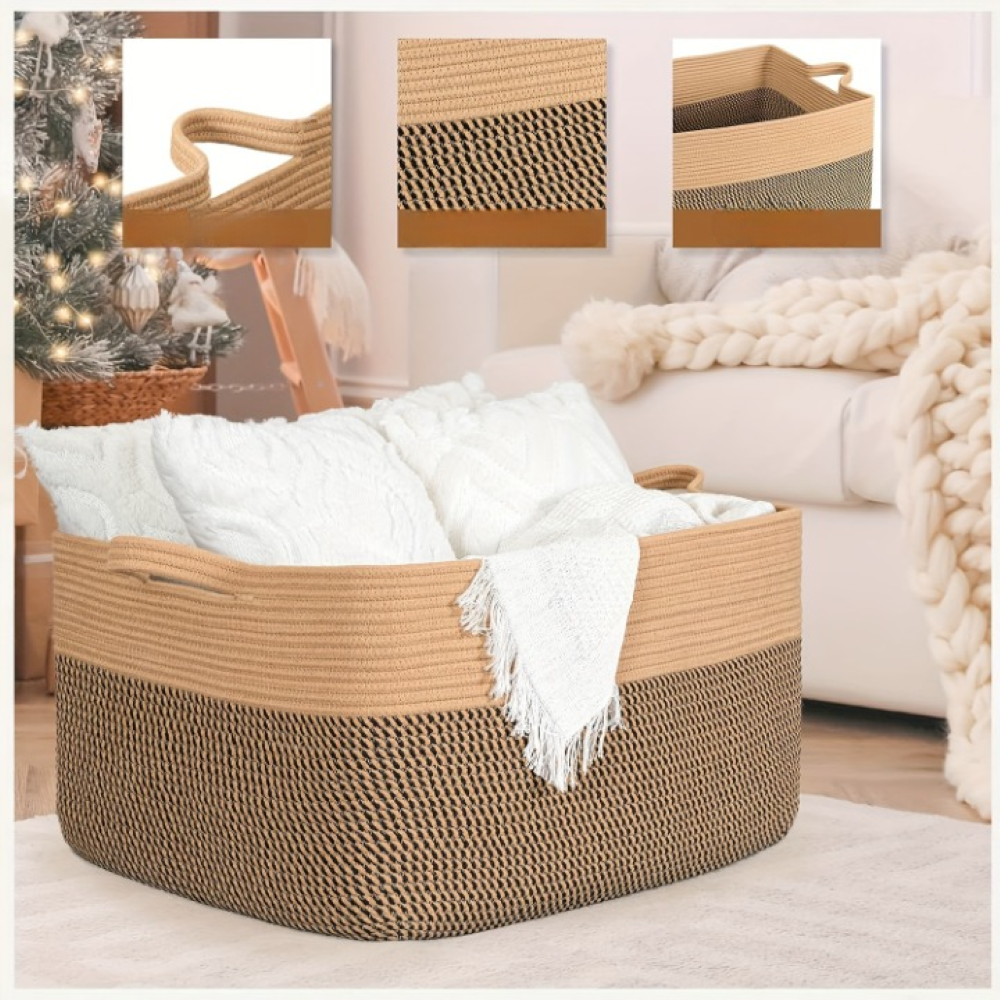 Textil-Aufbewahrungskorb 45L – Rechteckiger Decken- & Wäsche-Organizer | Baumwollseil | Verstärkte Griffe