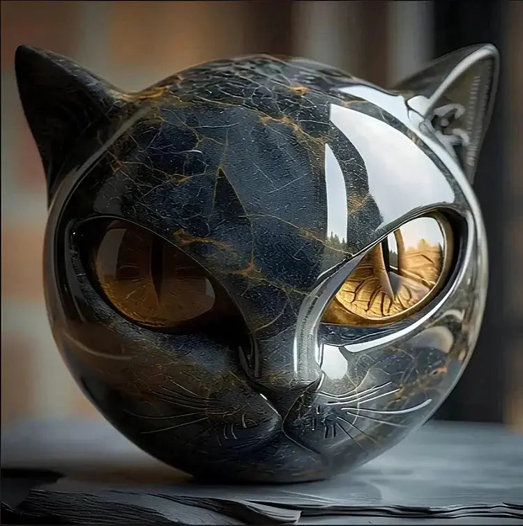 Elegant marble cat sculpture in black with amber-colored eyes as a Elegant marble cat sculpture in black with amber-colored eyes as a