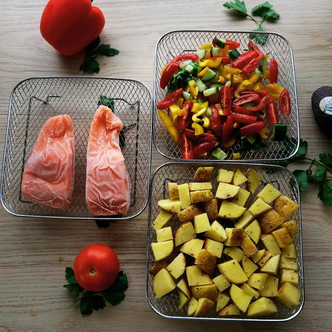 Mehrschichtige Körbe für Heißluftfritteusen mit 2 kostenlosen hitzebeständigen Zangen Zorenza