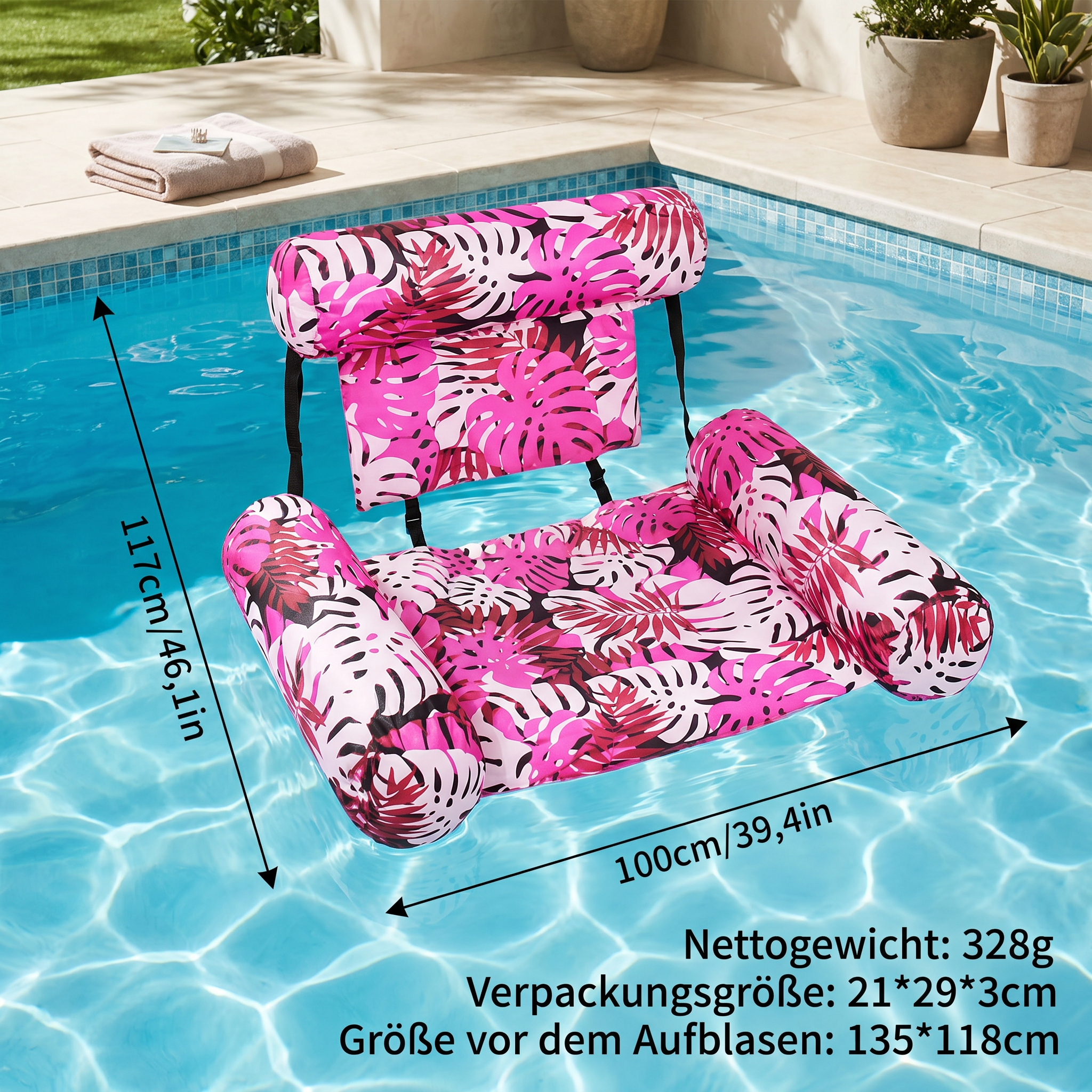 Aufblasbare Pool-Hängematte PVC mit Rückenlehne – Netzdesign, kompakt faltbar für Pool, Strand und Badesee im Sommer – Zorenza