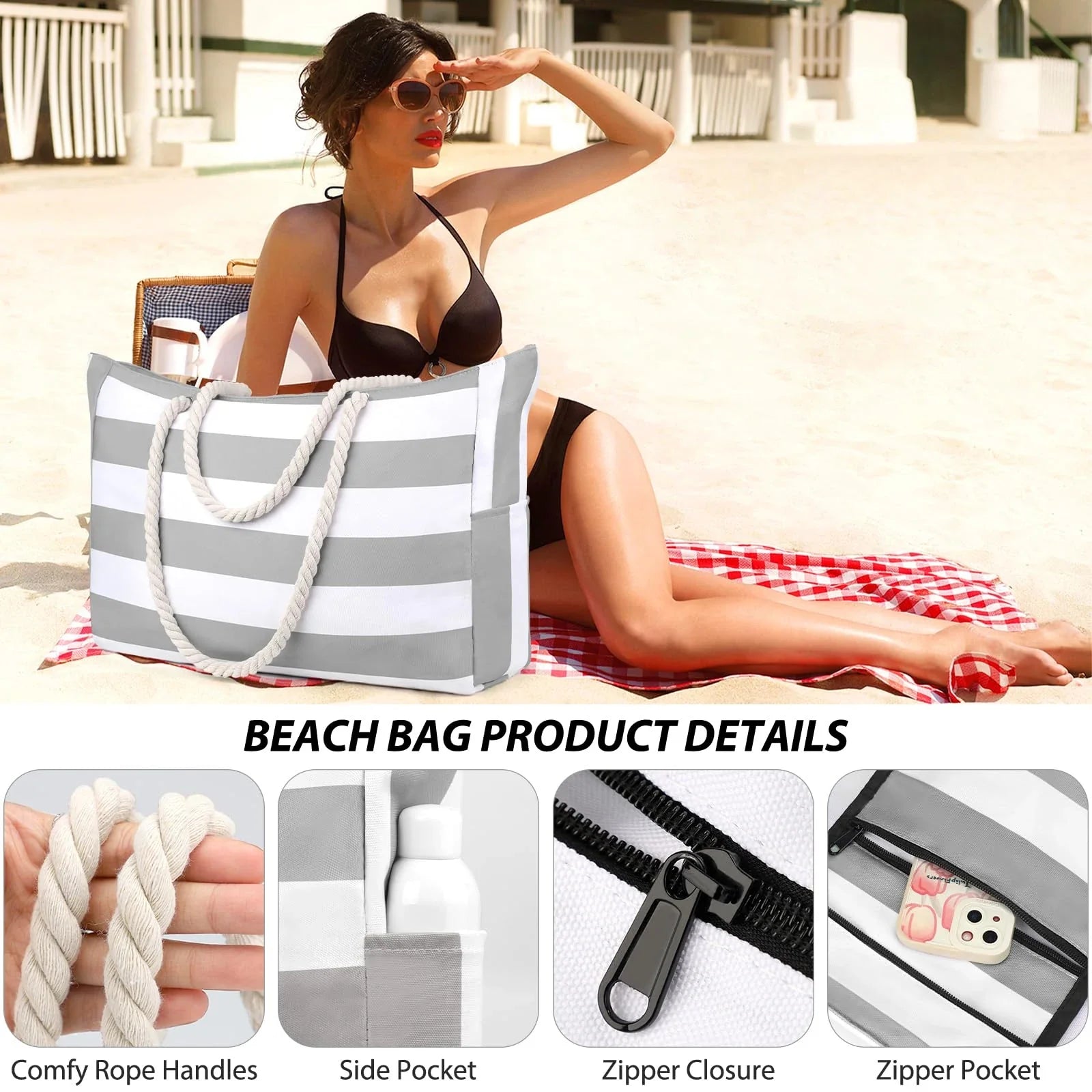 Strandtasche Canvas Gestreift mit Reißverschluss -    Zorenza