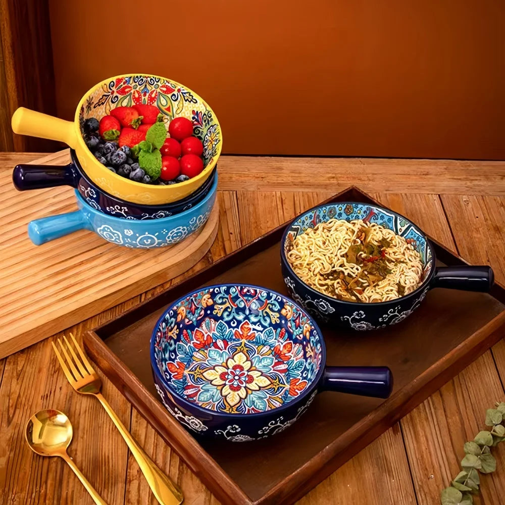 Keramikschüssel mit Griff – Handbemaltes Boho-Design -    Zorenza
