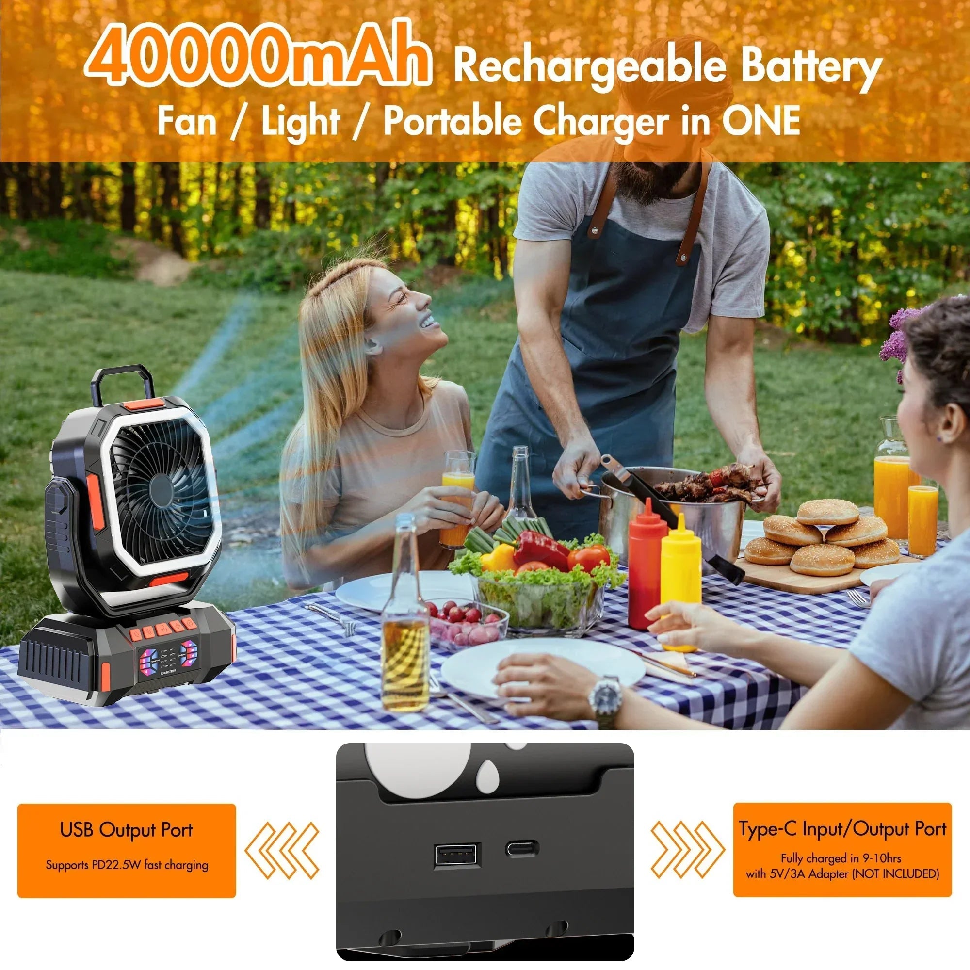 Campingventilator mit 40000mAh Akku und LED-Beleuchtung -    Zorenza