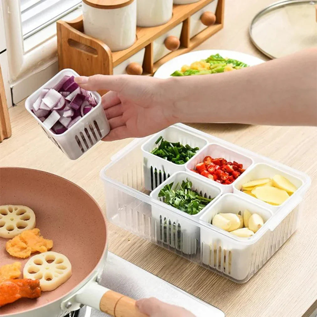 Kühlschrank-Frischhaltebox mit Ablaufeinsatz und Deckel – 6 Fächer Zorenza