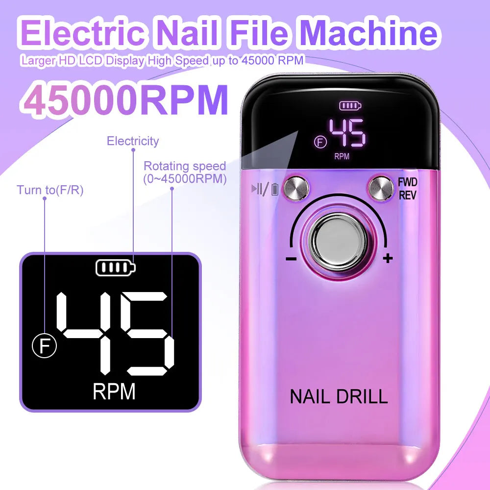 45000 RPM oplaadbare elektrische nagelboormachine Professionele nagelboren voor gelnagels Polish Draagbare nagelvijl manicure tool Zorenza