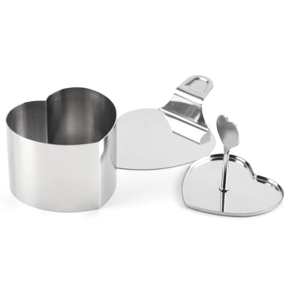 Dessertring Edelstahl mit Stempel und Bodenplatte, 3-teilig – Rund oder Herzform, Ø 8 cm -    Zorenza
