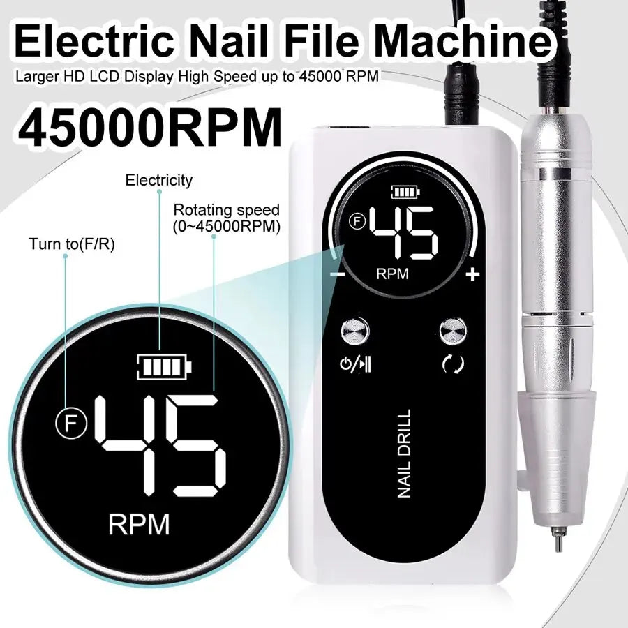 Professionele 45000 RPM elektrische draagbare nagelboormachine Oplaadbare geluidsarme nagelschuurmachine Bestand voor manicure salon gereedschap Zorenza