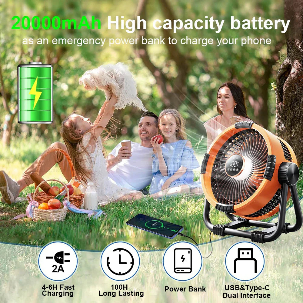 Campingventilator mit 20000mAh Akku und LED-Licht -    Zorenza