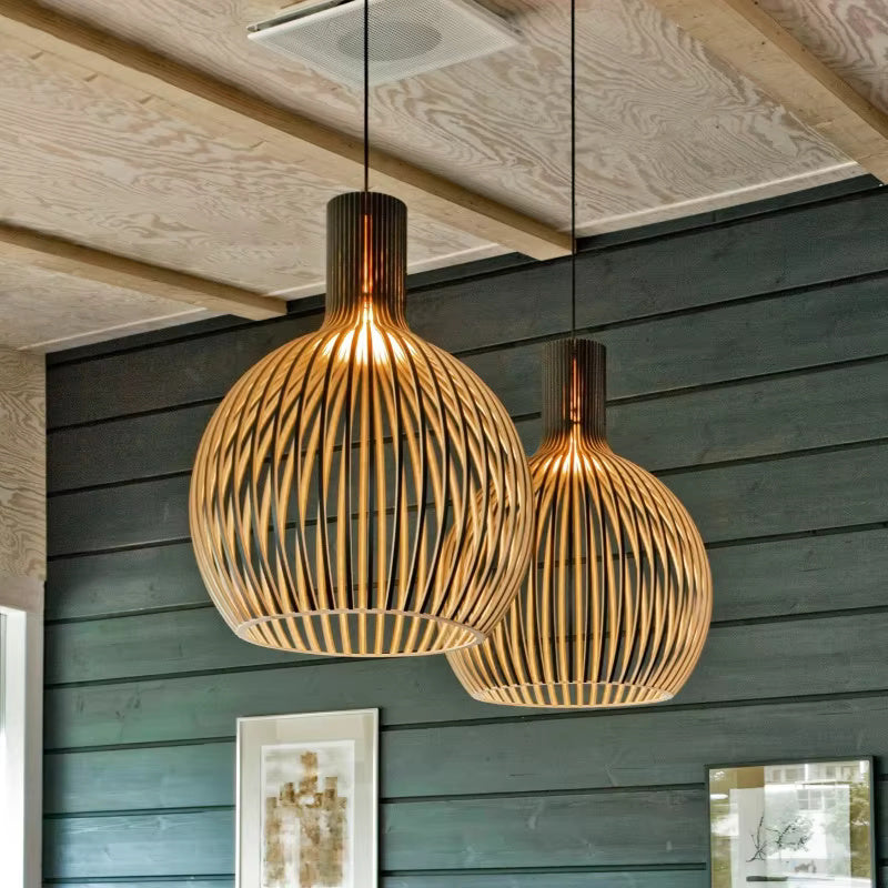 Pendelleuchte Holz mit Lamellenschirm -    Zorenza