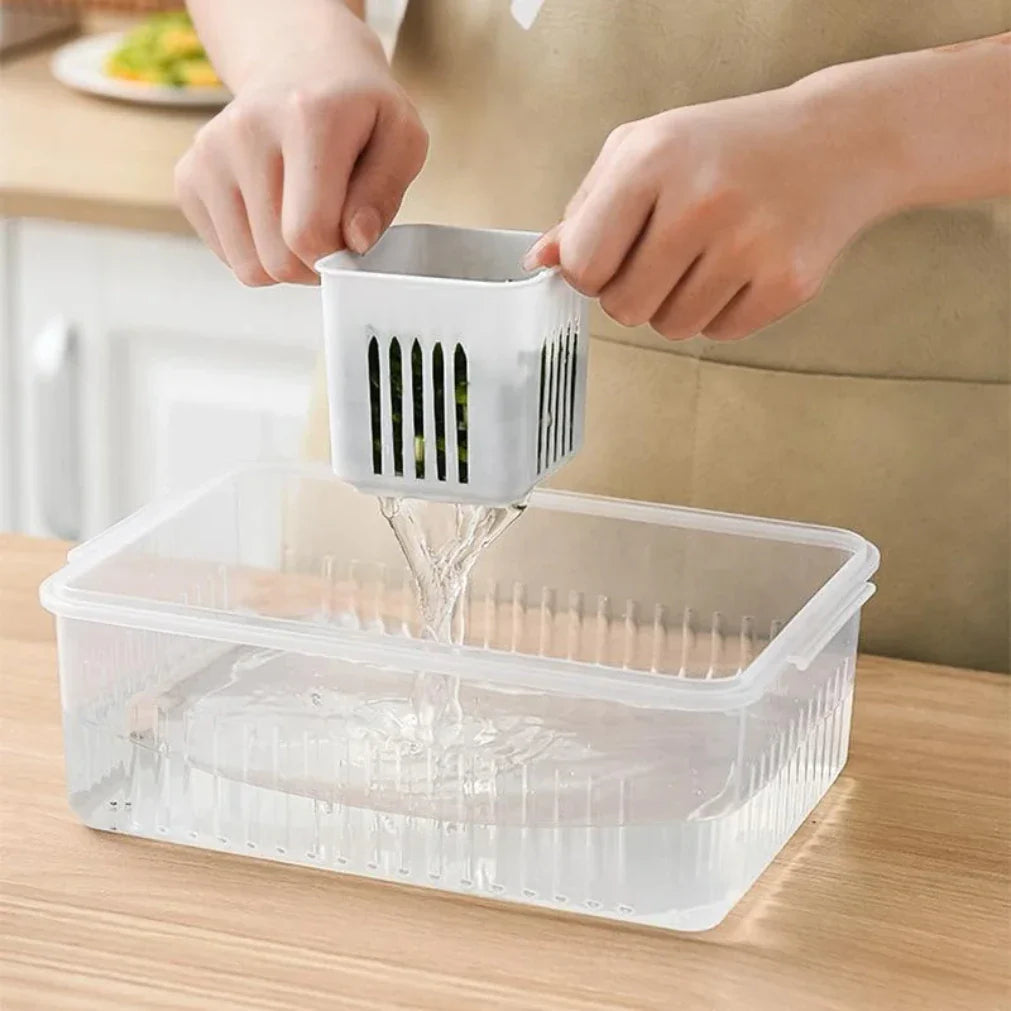 Kühlschrank-Frischhaltebox mit Ablaufeinsatz und Deckel – 6 Fächer Zorenza