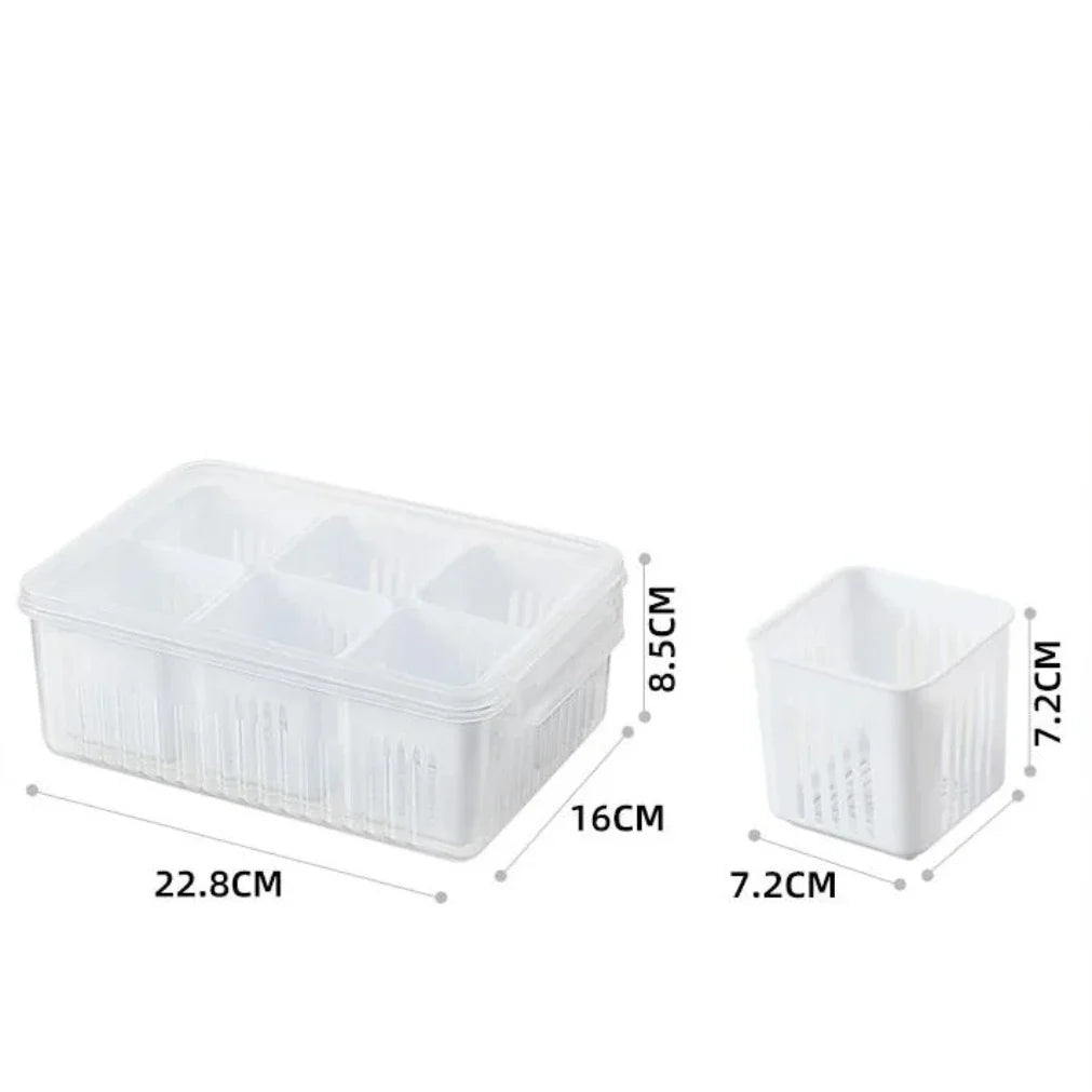 Kühlschrank-Frischhaltebox mit Ablaufeinsatz und Deckel – 6 Fächer Zorenza