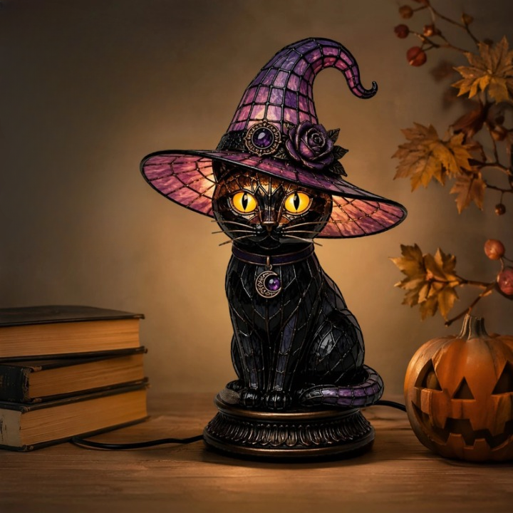 Tischlampe Hexenkatze Buntglas-Look 25 cm -    Zorenza