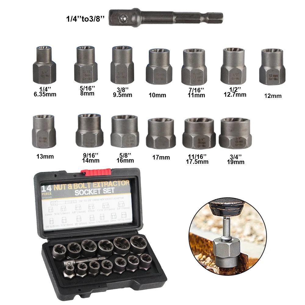 Schraubendreher-Aufsätze beschädigte Schrauben 6,35-19 mm 14-teilig -    Zorenza