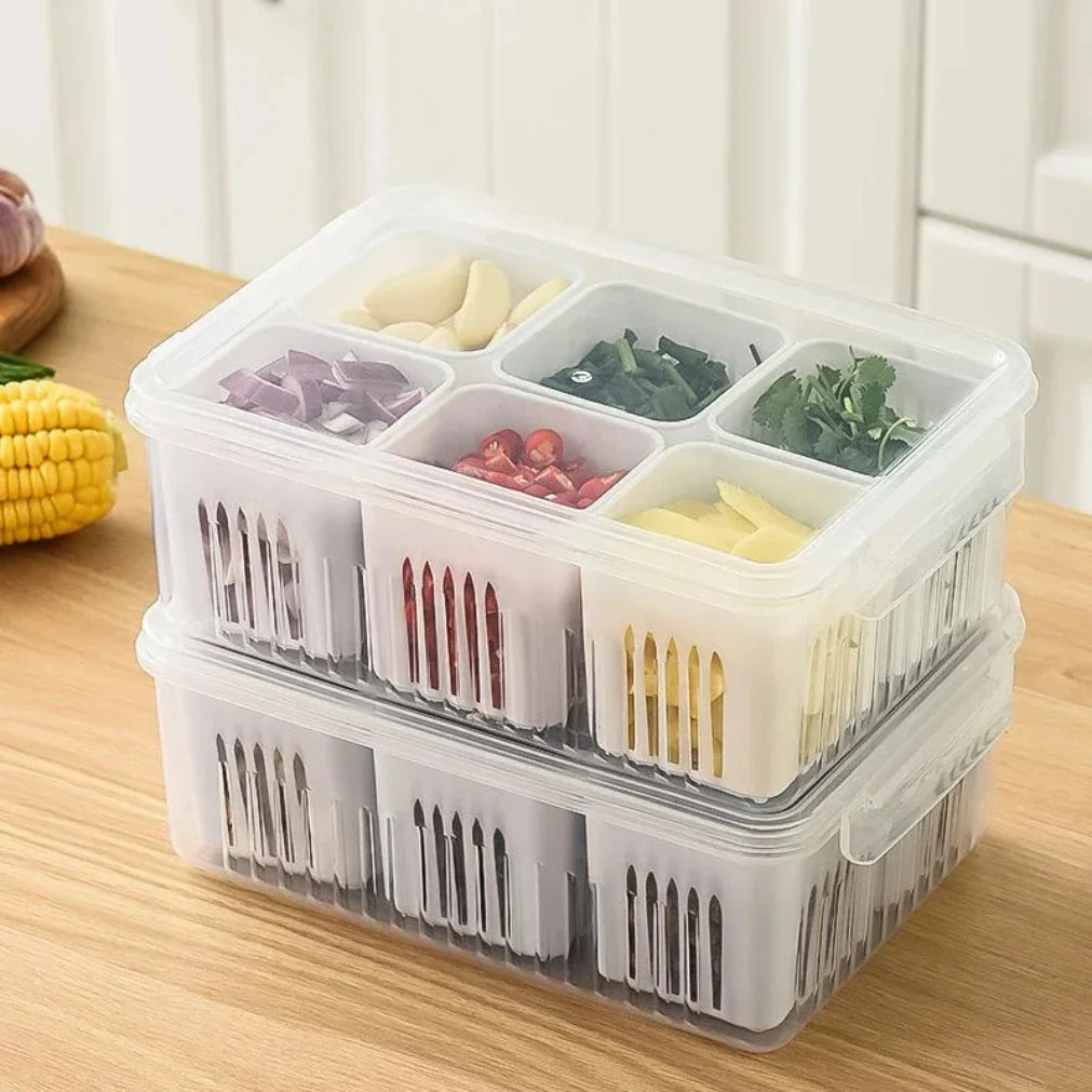 Kühlschrank-Frischhaltebox mit Ablaufeinsatz und Deckel – 6 Fächer Zorenza